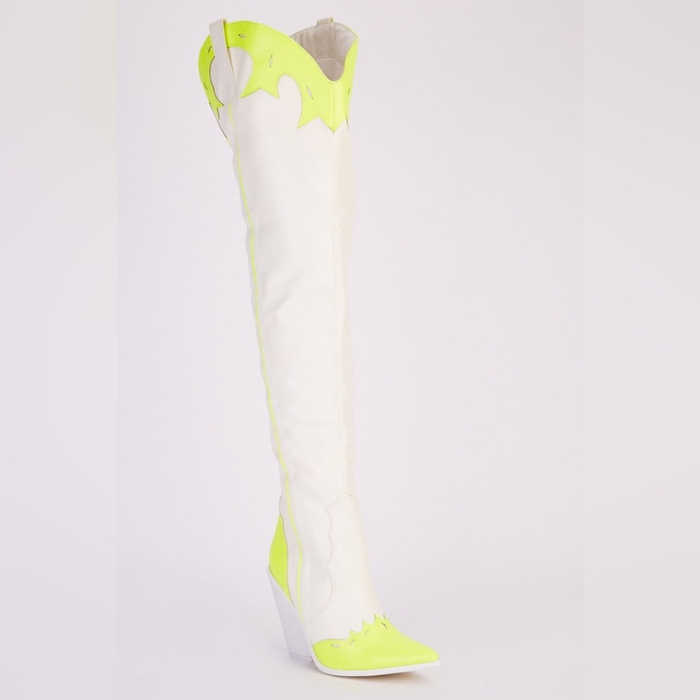 Vibrant White and Neon Over the Knee Boots